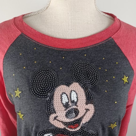 Mickey Mouse Raglan T-Shirt Medium Red & Black -Sequined Accents -Next Level - Picture 3 of 16